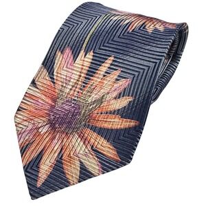 KOLTE ITALY‎ Mens Floral Tie Blue Orange textured Geometric Modern Necktie